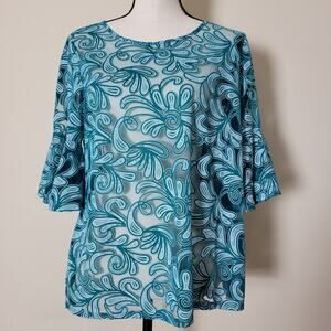 NY Collection PL Burnout Blouse 3/4 Bell Sleeve Slits Round Neck Keyhole Back